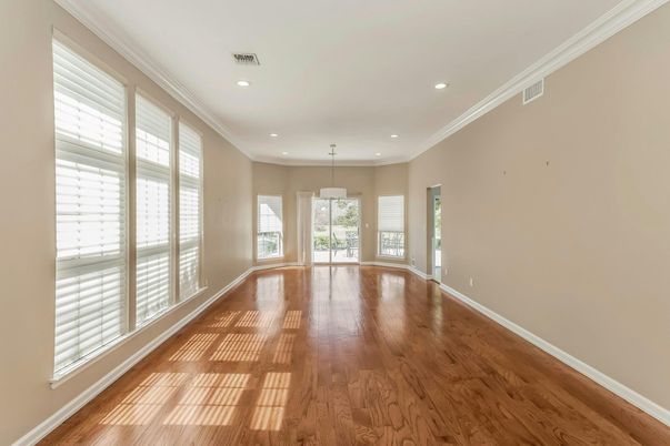 Empty room, Interior, Pendant Lights, Recessed Lighting, Wood Texture Flooring