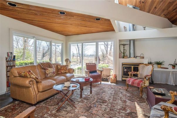Fireplace, Interior, Living room, Recessed Lighting, Wooden Ceilings