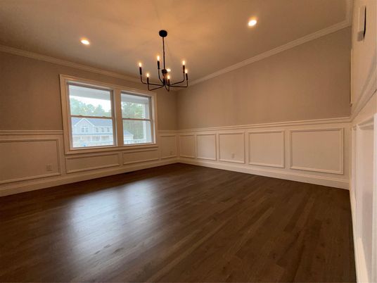 Chandelier, Empty room, Interior, Recessed Lighting, Wood Texture Flooring