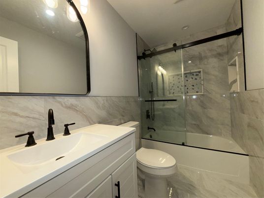Bathroom, Glass Shower, Interior, Marble Walls, Recessed Lighting