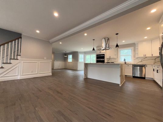 Interior, Kitchen, Pendant Lights, Recessed Lighting, Stainless Steel Appliances, Wood Texture Flooring