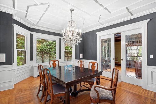 Chandelier, Dining room, Interior, Wood Texture Flooring