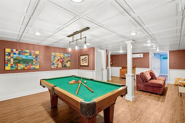 Billiard Table, Game Room, Interior, Pendant Lights, Recessed Lighting, Wood Texture Flooring
