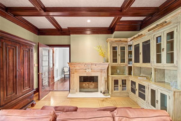 Fireplace, Interior, Recessed Lighting, Wooden Beams, Wood Texture Flooring
