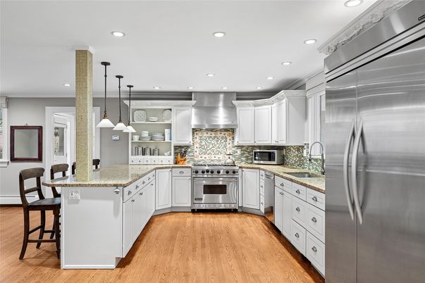 Interior, Kitchen, Pendant Lights, Recessed Lighting, Stainless Steel Appliances, Wood Texture Flooring