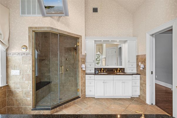 Bathroom, Glass Shower, Interior, Recessed Lighting, Stone Walls