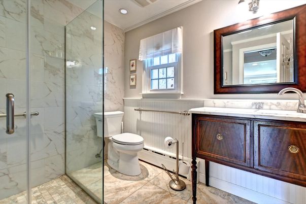 Bathroom, Glass Shower, Interior, Marble Walls, Recessed Lighting