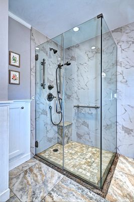 Bathroom, Glass Shower, Interior, Marble Walls, Recessed Lighting