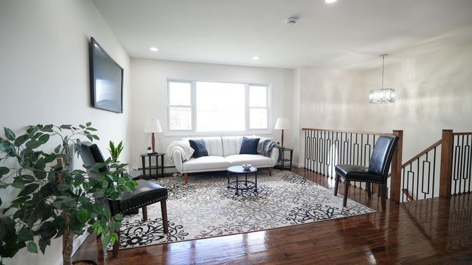 Interior, Living room, Pendant Lights, Recessed Lighting, Wood Texture Flooring