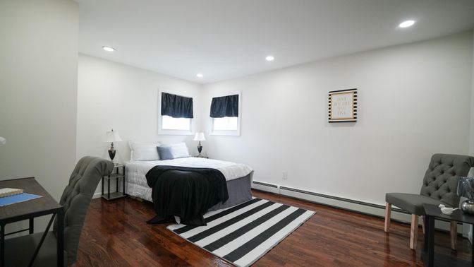 Bedroom, Interior, Recessed Lighting, Wood Texture Flooring
