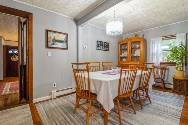 Dining room, Interior, Pendant Lights, Wood Texture Flooring