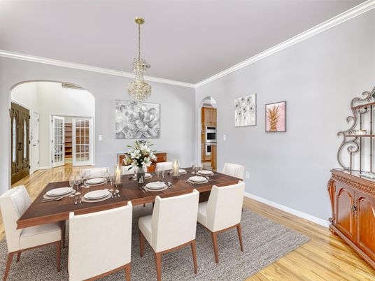 Dining room, Interior, Pendant Lights, Wood Texture Flooring