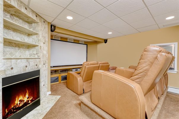 Home Theatre Room, Fireplace, Interior, Projection Screen, Recessed Lighting, Theatre Room