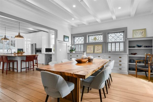 Dining room, Interior, Kitchen, Pendant Lights, Recessed Lighting, Stainless Steel Appliances, Wood Texture Flooring