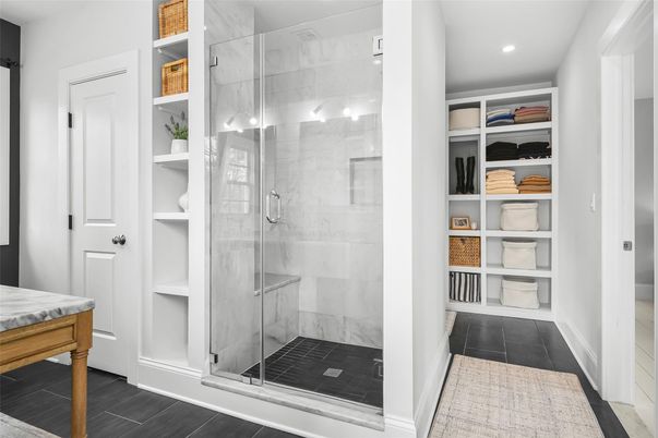 Bathroom, Glass Shower, Interior, Marble Walls, Recessed Lighting, Wood Texture Flooring