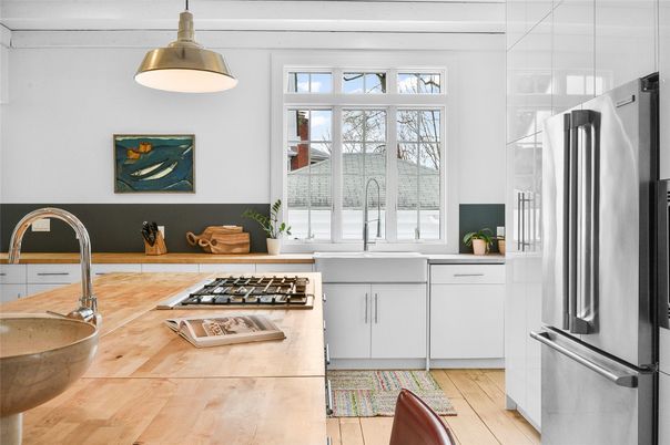 Interior, Kitchen, Pendant Lights, Stainless Steel Appliances, Wood Texture Flooring