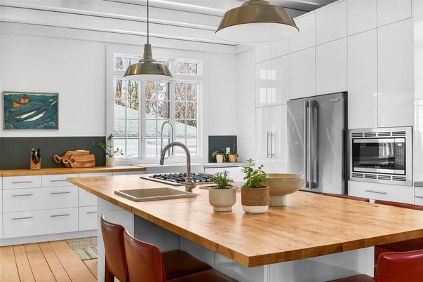 Interior, Kitchen, Pendant Lights, Stainless Steel Appliances, Wood Texture Flooring