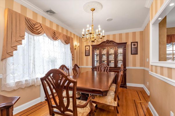 Chandelier, Dining room, Interior, Wood Texture Flooring