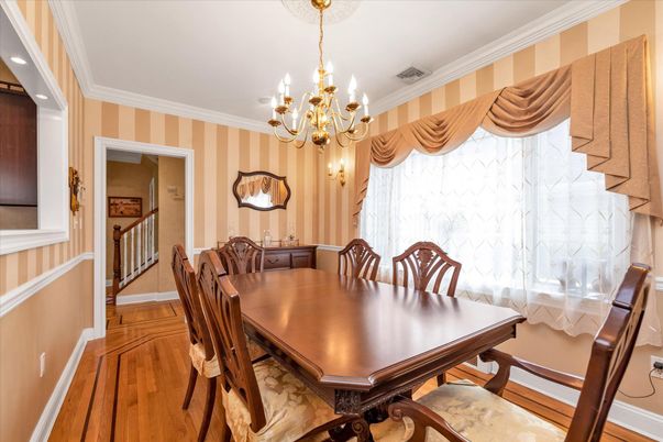 Chandelier, Dining room, Interior, Wood Texture Flooring