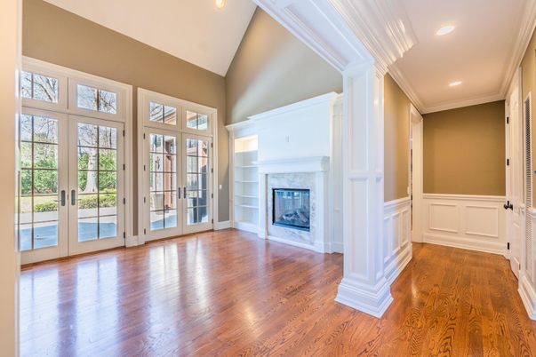 Empty room, Fireplace, Interior, Recessed Lighting, Wood Texture Flooring