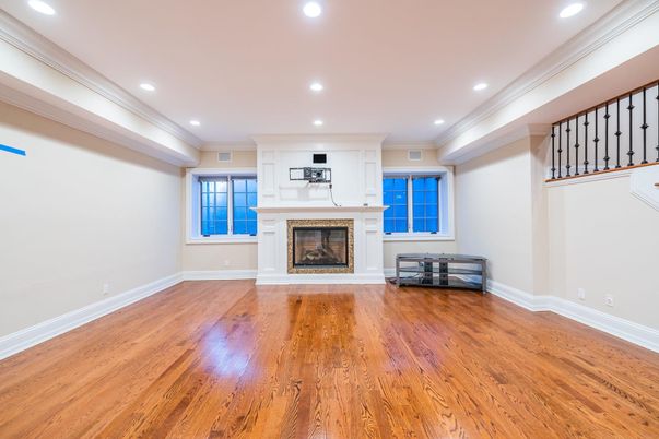Empty room, Fireplace, Interior, Recessed Lighting, Wood Texture Flooring