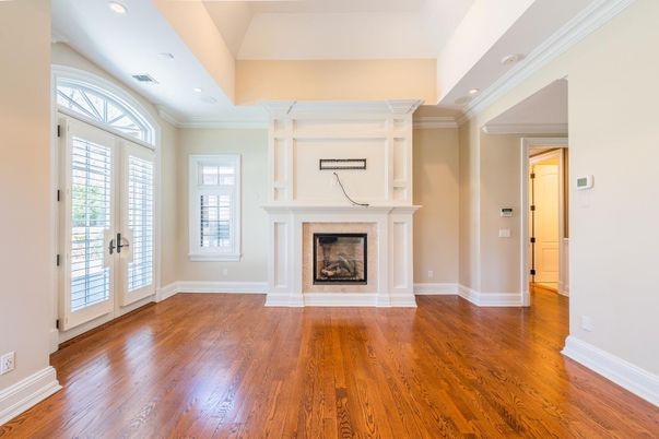 Empty room, Fireplace, Interior, Recessed Lighting, Wood Texture Flooring