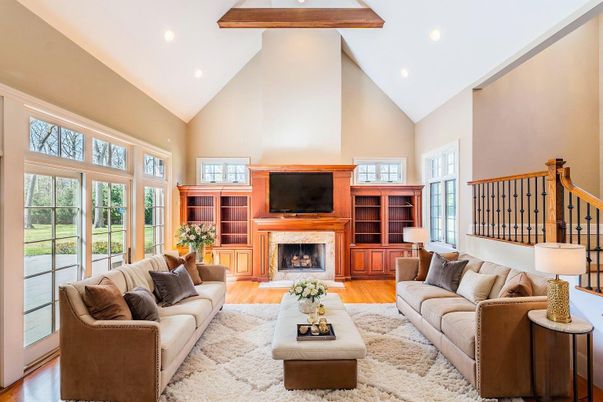 Fireplace, Interior, Living room, Recessed Lighting, Wooden Beams, Wood Texture Flooring