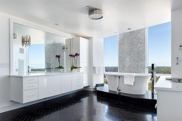 Bathroom, Dual Sink Vanities, Free Standing Baths, Interior, Wood Texture Flooring