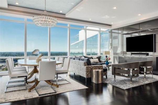 Chandelier, Dining room, Interior, Living room, Recessed Lighting, Water, Wood Texture Flooring