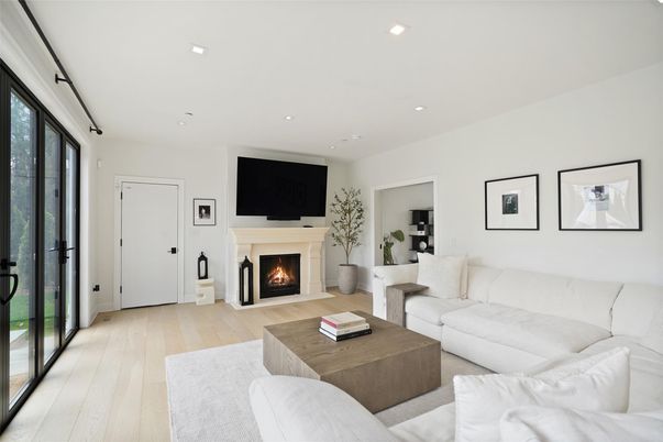 Fireplace, Interior, Living room, Recessed Lighting, Wood Texture Flooring