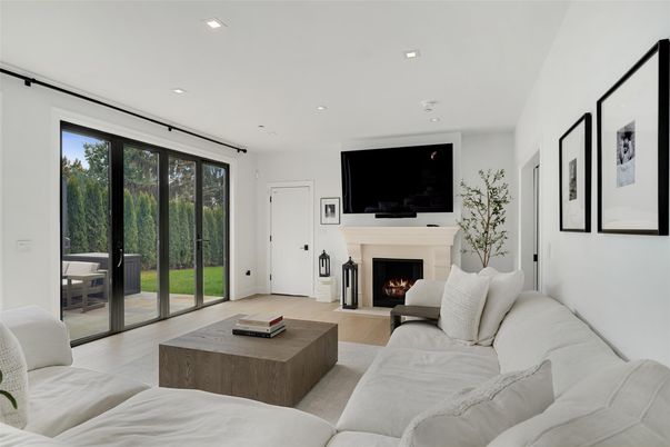 Fireplace, Interior, Living room, Recessed Lighting, Wood Texture Flooring