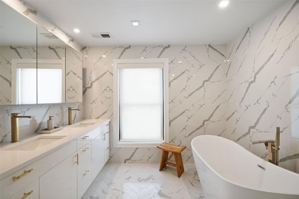 Bathroom, Dual Sink Vanities, Free Standing Baths, Interior, Marble, Marble Walls, Recessed Lighting