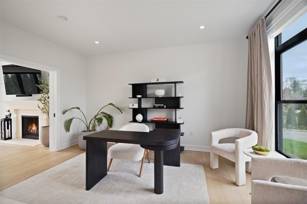 Fireplace, Home Office, Interior, Recessed Lighting, Wood Texture Flooring