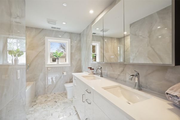 Bathroom, Dual Sink Vanities, Interior, Marble, Marble Walls, Recessed Lighting