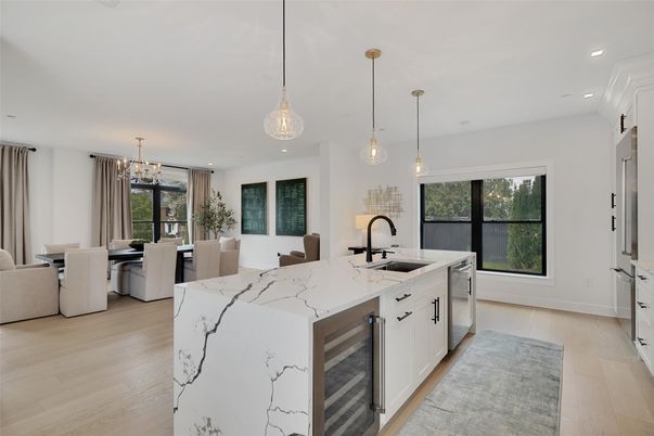 Dining room, Interior, Kitchen, Pendant Lights, Recessed Lighting, Wood Texture Flooring