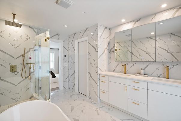 Bathroom, Dual Sink Vanities, Free Standing Baths, Glass Shower, Interior, Marble, Marble Walls, Recessed Lighting