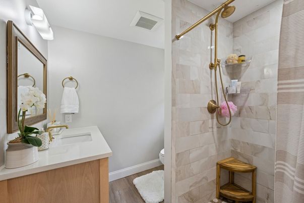 Bathroom, Glass Shower, Interior, Wood Texture Flooring