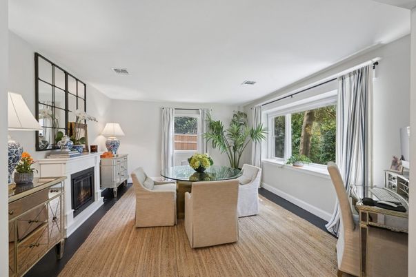 Dining room, Fireplace, Interior, Wood Texture Flooring