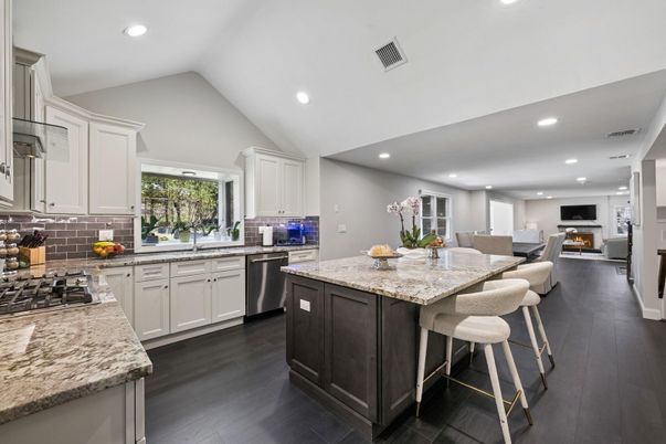 Fireplace, Interior, Kitchen, Recessed Lighting, Stainless Steel Appliances, Wood Texture Flooring