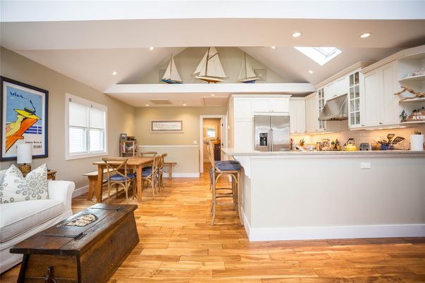 Dining room, Interior, Kitchen, Recessed Lighting, Stainless Steel Appliances, Wood Texture Flooring