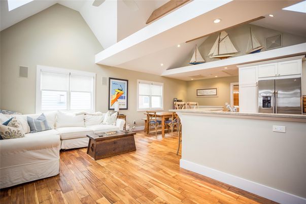 Dining room, Interior, Kitchen, Living room, Recessed Lighting, Stainless Steel Appliances, Wood Texture Flooring