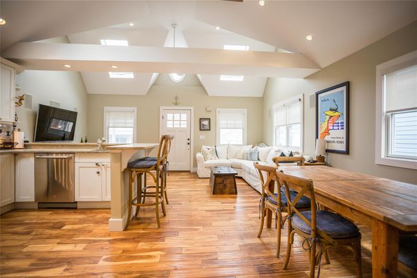 Dining room, Interior, Kitchen, Living room, Recessed Lighting, Wood Texture Flooring