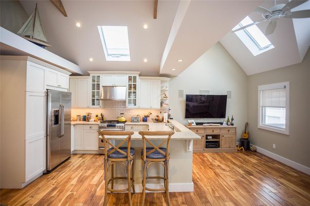 Interior, Kitchen, Recessed Lighting, Stainless Steel Appliances, Wooden Beams, Wood Texture Flooring