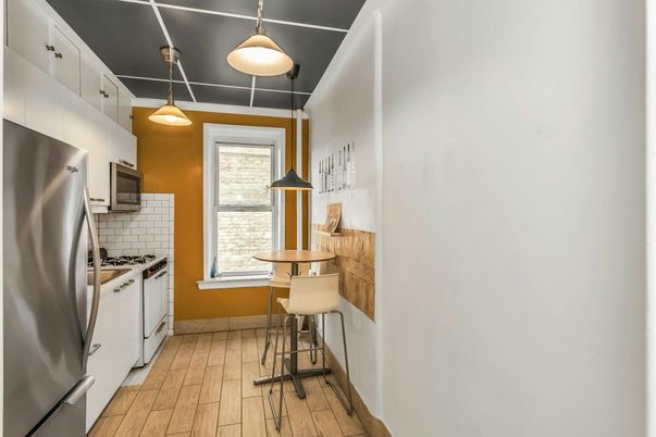 Interior, Kitchen, Pendant Lights, Stainless Steel Appliances, Wood Texture Flooring