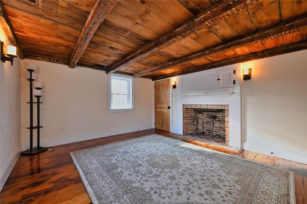 Empty room, Fireplace, Interior, Wooden Beams, Wooden Ceilings, Wood Texture Flooring