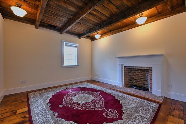 Empty room, Fireplace, Interior, Wooden Beams, Wooden Ceilings, Wood Texture Flooring