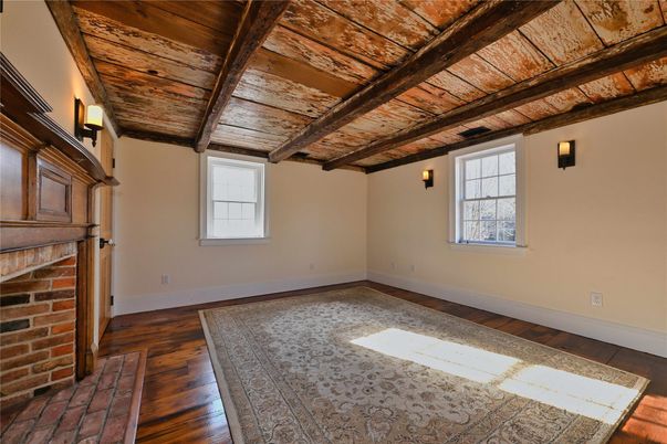 Empty room, Fireplace, Interior, Stone Walls, Wooden Beams, Wooden Ceilings, Wood Texture Flooring