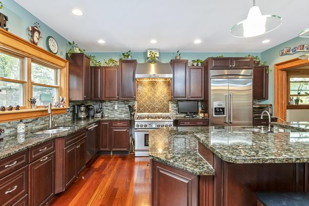 Interior, Kitchen, Pendant Lights, Recessed Lighting, Stainless Steel Appliances, Wood Texture Flooring
