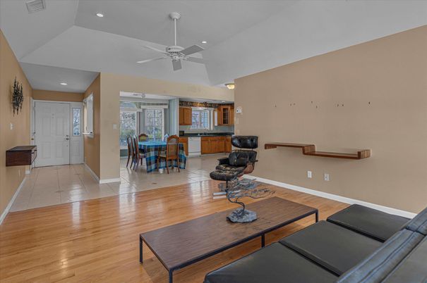 Dining room, Interior, Recessed Lighting, Wood Texture Flooring