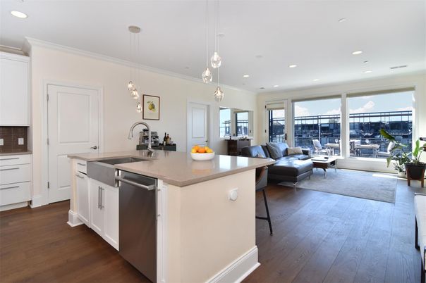Interior, Kitchen, Living room, Pendant Lights, Recessed Lighting, Stainless Steel Appliances, Wood Texture Flooring